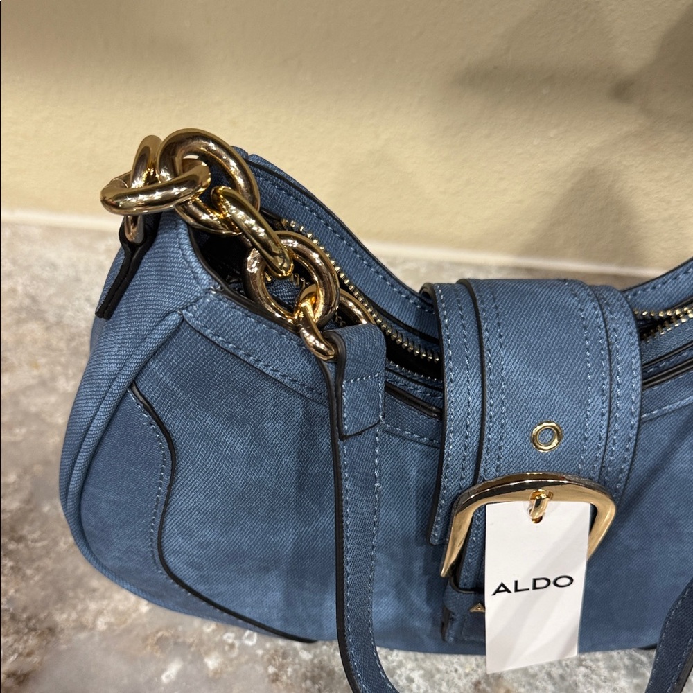 Aldo Blue Shoulder Bag with Red Scarf Accent - Picture 3 of 5